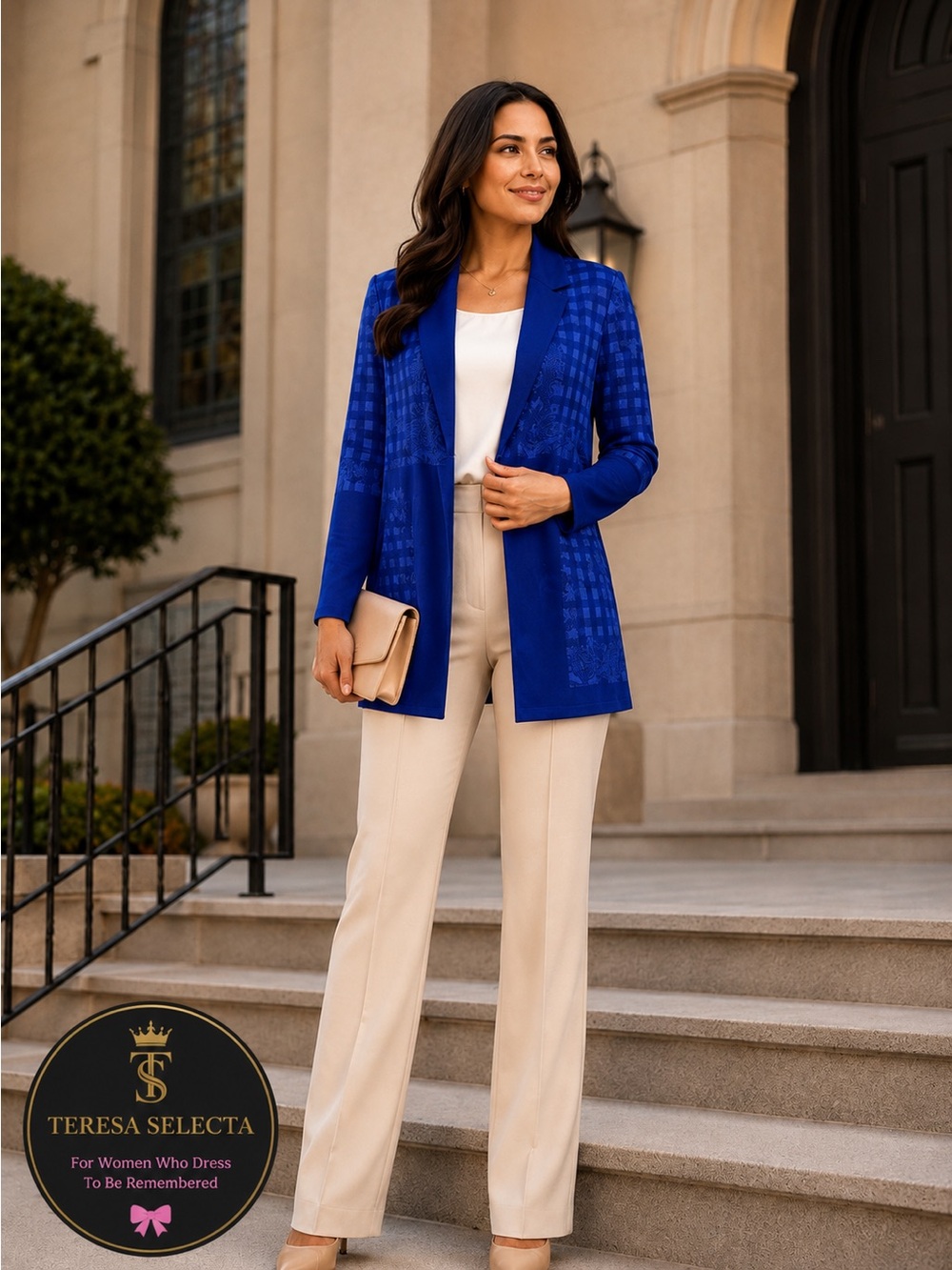 Misook Blue Burnout Check Knit Jacket Open Front Career Blazer Size S